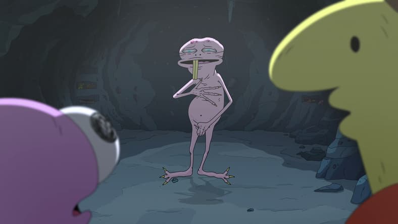 Mole Man (David Firth) introduces himself to Pim (Michael Cusack) and Charlie (Zach Hadel) in Smiling Friends Season 3 Episode 3 "Mole Man" (2025), Adult Swim