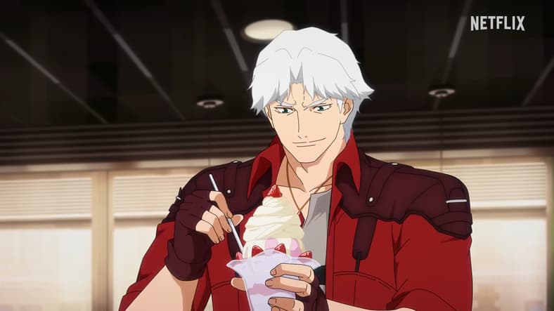 Dante (Johnny Young Bosch) treats himself to his favorite dessert in Devil May Cry (2025), Netflix