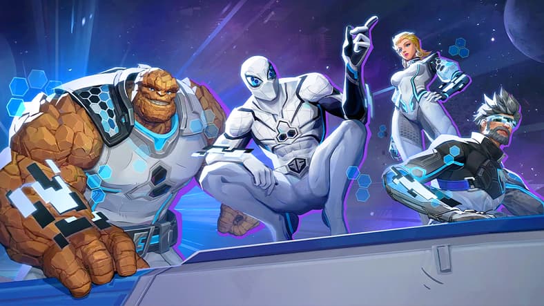 Spider-Man (Yuri Lowenthal), Ben Grimm (Andrew Morgado), Sue Storm (Suzie Yeung) and Reed Richards (Ian James Corlett) are the Future Foundation in Marvel Rivals (2024), NetEase