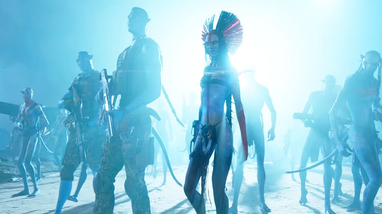 Colonel Quaritch (Stephen Lang) and Varang (Oona Chaplin) make for unlikely allies in Avatar: Fire and Ash (2025), 20th Century Studios