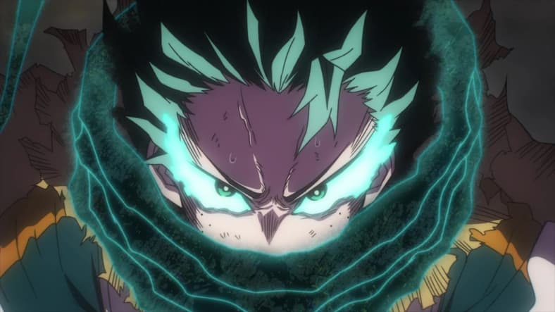 Izuku Midoriya (Daiki Yamashita), now fueled by the full power of One for All, is prepared to fight in My Hero Academia Season 7 Episode 13 "A Chain of Events, Across the Ages" (2024), Bones
