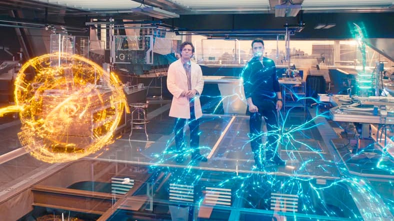 Bruce Banner (Mark Ruffalo) and Tony Stark (Robert Downey Jr.) discuss using Loki's Scepter to create Ultron (James Spader) in Avengers: Age of Ultron (2015), Marvel Entertainment