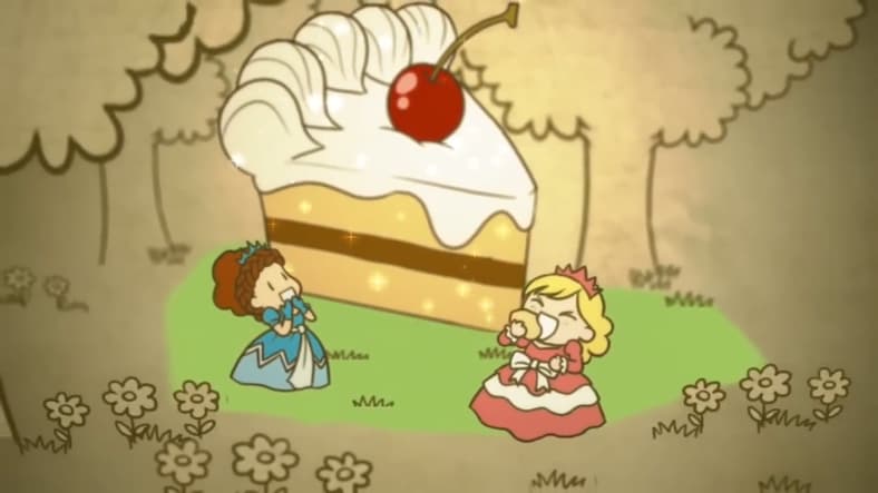Princess Muffintop and Princess Plump devour the giant cake they found in Fat Princess (2007), Titan Studios