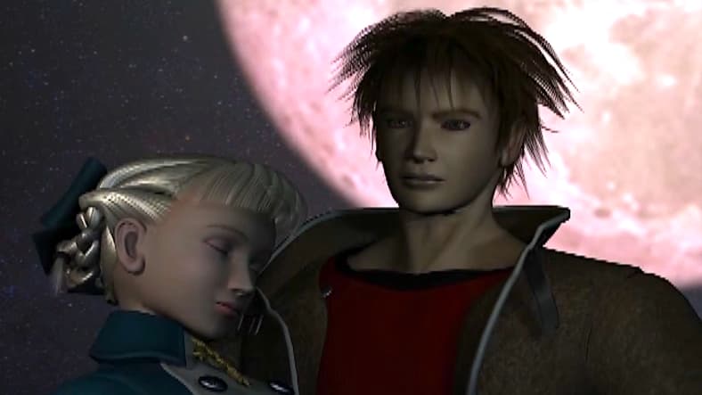 Yuri (Hiroki Takahashi) rescues Alice (Chie Ishibashi) from the clutches of the villainous Albert Simon (Daisuke Gôri) in Shadow Hearts (2001), Sacnoth