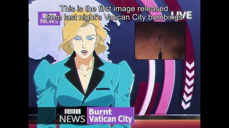 A BBC news anchor (Erica Lindbeck) reports on a recent White Rabbit (Hoon Lee) attack in Devil May Cry Season 1 Episode 1 "Inferno" (2025), Netflix