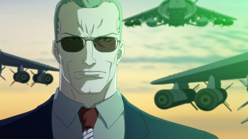 VP Bains (Kevin Conroy) prepares to launch Operation Makaian Freedom in Devil May Cry Season 1 Episode 8 "A River of Blood and Fire" (2025), Netflix
