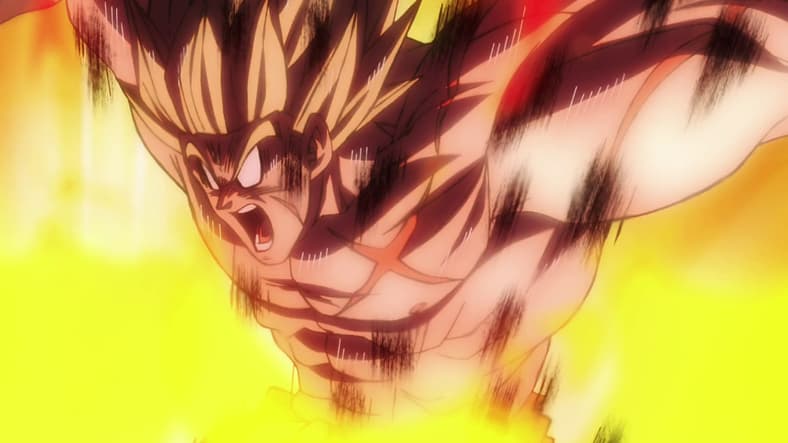 Broly (Bin Shimada) suffers the effect of Gogeta's (Masako Nozawa/Ryō Horikawa) Soul Punisher attack in Dragon Ball Super: Broly (2018), Toei Animation
