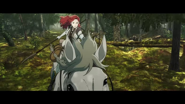 Hèra (Gaia Wise) readies her spear for some horseback combat in The Lord of the Rings: The War of the Rohirrim (2024), Warner Bros. Animation