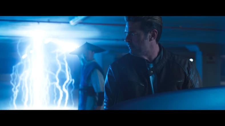 Johnny Cage (Karl Urban) is shocked by Raiden's (Tadanobu Asano) ability to a lightning portal in Mortal Kombat II (2025), Warner Bros. Entertainment