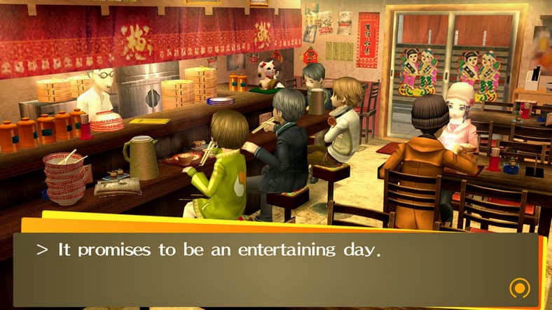 Yu Narukami (Daisuke Namikawa), Chie Satonaka (Yui Horie), and Yosuke Hanamura (Showtaro Morikubo), grab some ramen in an unused cutscene from Persona 4 Golden (2012), Atlus