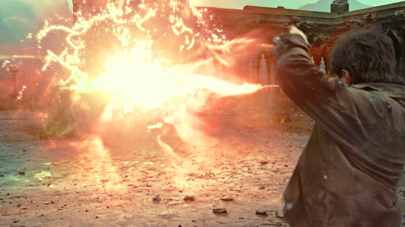 Harry Potter (Daniel Radcliffe) clashes with Lord Voldemort (Ralph Fiennes) in Harry Potter and the Deathly Hallows - Part 2 (2010), Warner Bros. Pictures