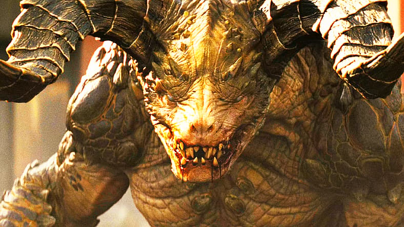 A Deathclaw sets its sights on Maximus (Aaron Moten) and The Ghoul (Walton Goggins) in Fallout Season 2 Episode 7 "The Handoff" (2026), Amazon