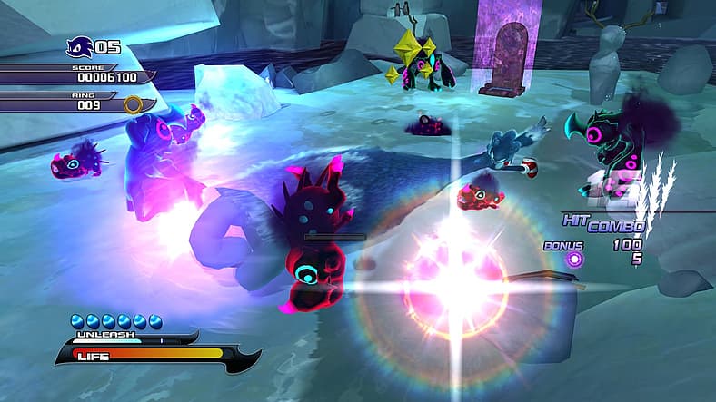 Sonic Werehog arm stretches and ploughs through Dark Gaia Minions in Sonic Unleashed (2008), SEGA