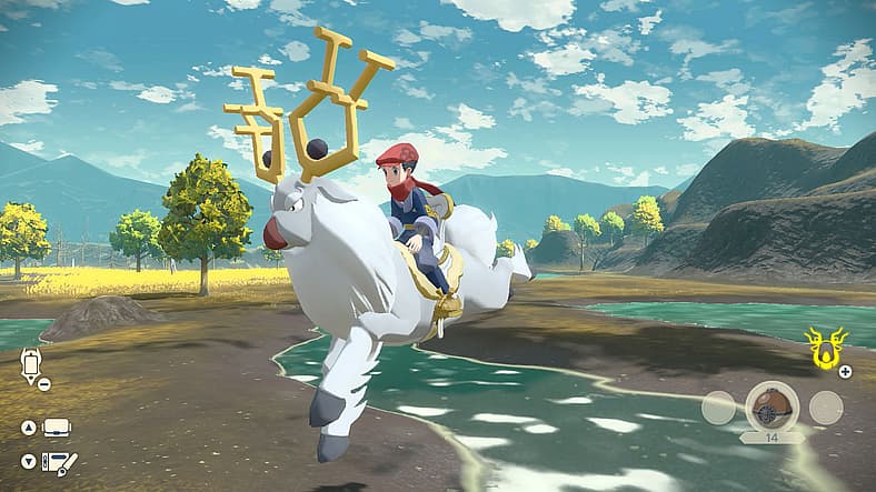 The player leaps across a small river on Wyrdeer in Pokémon Legends: Arceus (2022), Nintendo