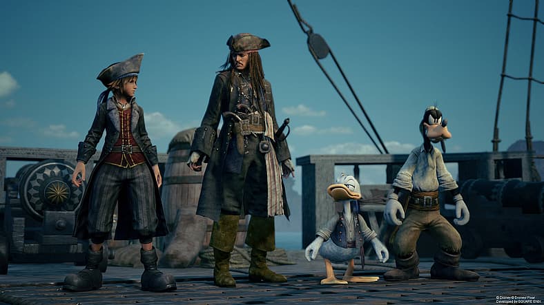 Captain Jack Sparrow (Jared Butler) welcomes Sora, Donald and Goofy in Kingdom Hearts III (2019)