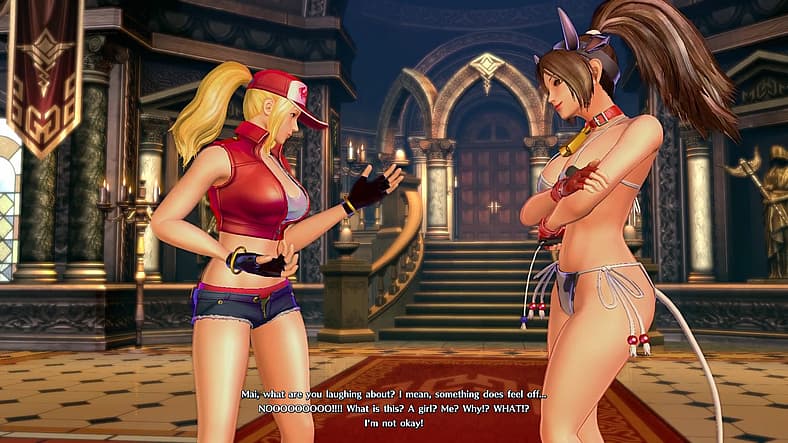 Terry Bogard questions Mai Shiranu about his new appearance in SNK Heroines: Tag Team Frenzy