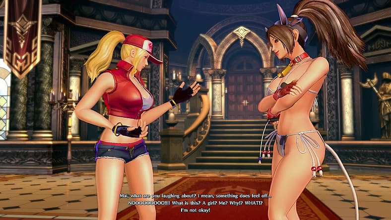 Terry Bogard questions Mai Shiranu about his new appearance in SNK Heroines: Tag Team Frenzy