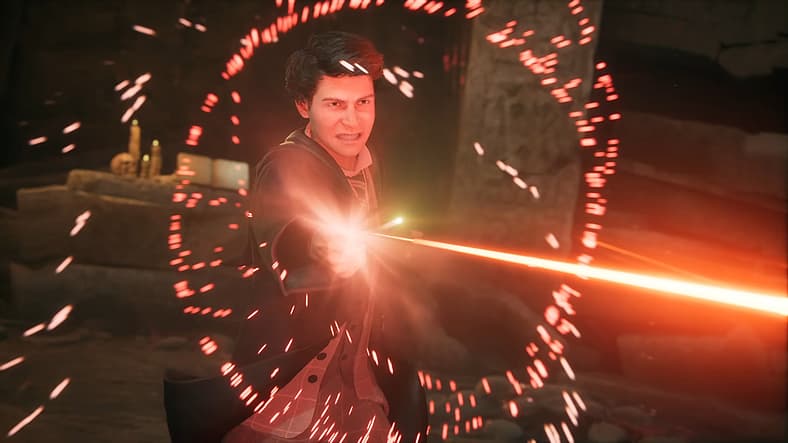 Sebastian Sallow unleashes his Blasting Curse in Hogwarts Legacy (2022), Warner Bros.