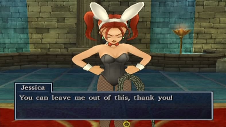 Jessica refuses to join the group's conversation in Dragon Quest VIII: Journey of the Cursed King