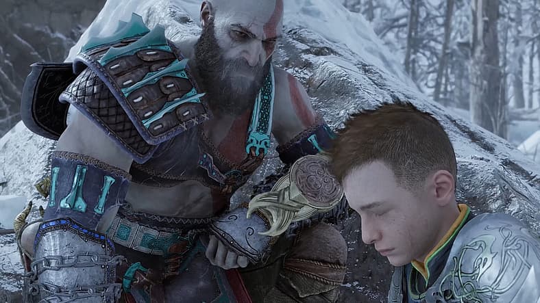 Kratos consoles Atreus in God of War: Ragnarök (2022), Sony Santa Monica Studios