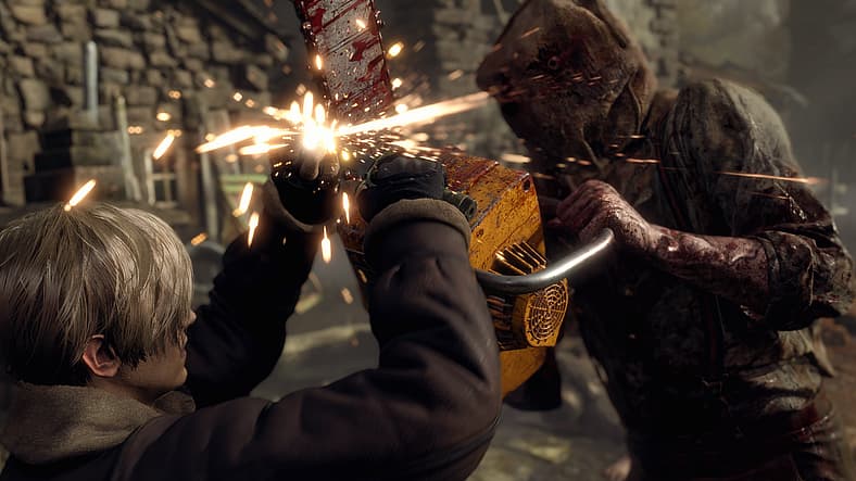 Leon Kennedy parries the Chainsaw Man's weapon with his pistol in Resident Evil 4 (2023), Capcom