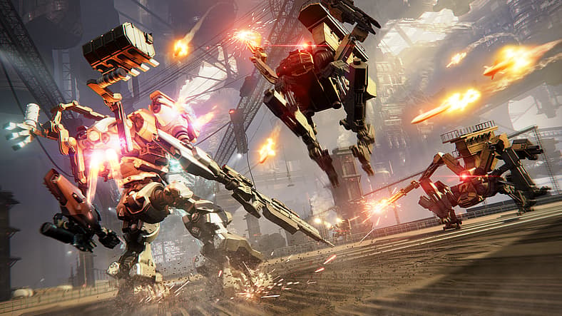 Four-legged armored machines shoot missiles and bullets at player in Armored Core VI: Fires of