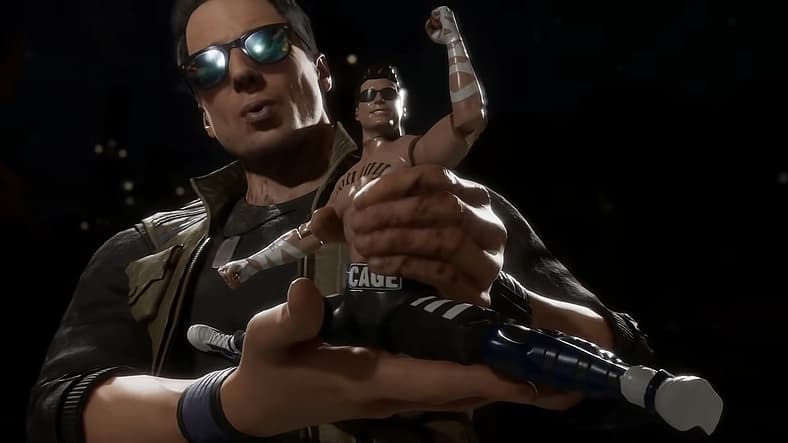Johnny Cage (Andrew Bowen) shows off his own action figure in Mortal Kombat 11 (2019), NetherRealm
