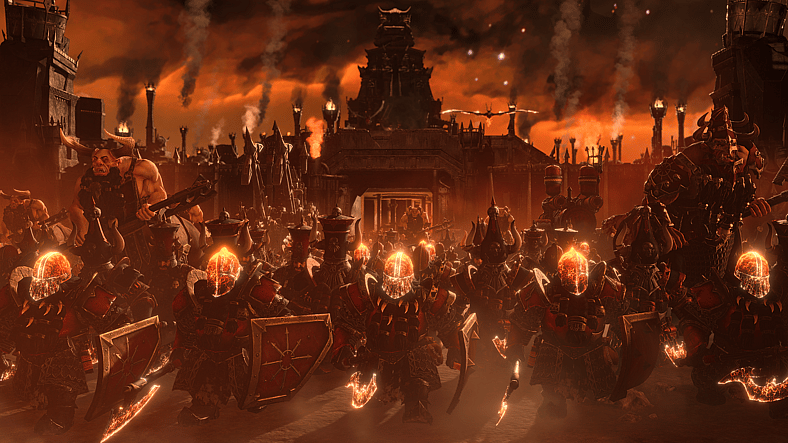 Chaos Dwarfs army marching in Total War: WARHAMMER III - Forge of the Chaos Dwarfs (2023), Sega