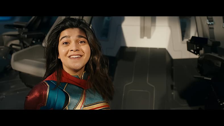 Kamala Khan (Iman Vellani) is excited to meet Nick Fury (Samuel L. Jackson) in The Marvels (2023)