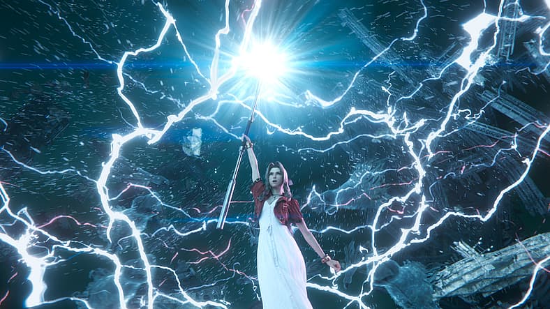 Aerith (Maaya Sakamoto) unleashes the lightning in Final Fantasy VII Rebirth (2023), Square Enix