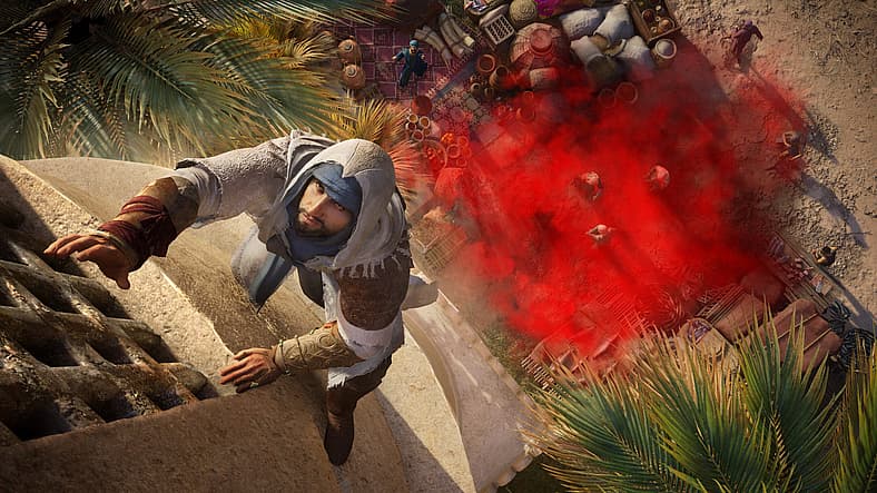 Basim (Lee Majdoub) scales a tower in Assassin's Creed Mirage (2023), Ubisoft