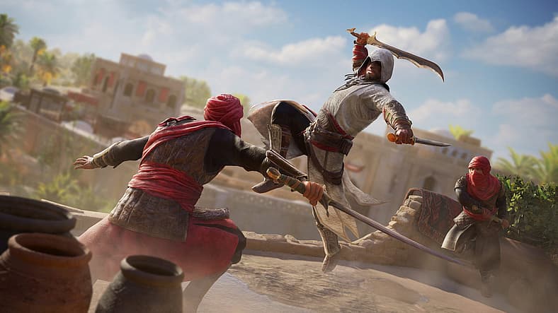 Basim (Lee Majdoub) draws his blades in Assassin's Creed Mirage (2023), Ubisoft