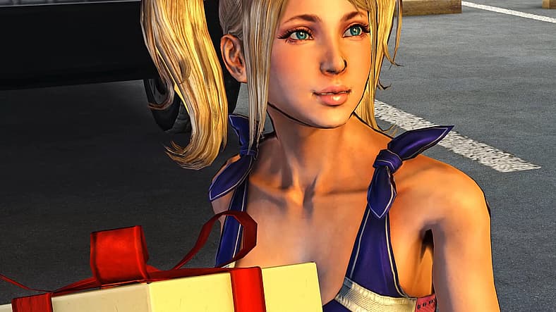 Juliet (Tara Strong) receives a birthday present from her father in Lollipop Chainsaw (2012)