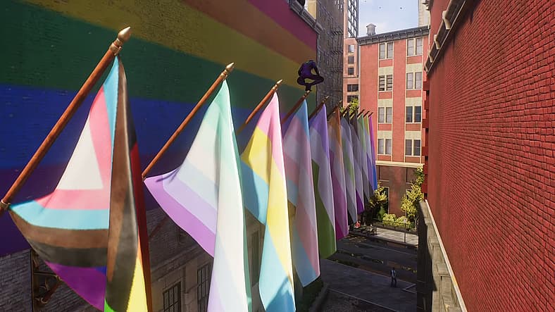 Miles Morales perches on Pride Flags in Marvel's Spider-Man 2 (2023), Insomniac Games