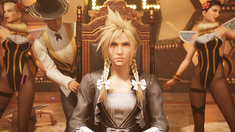 Cloud Strife dressed as a woman after a song and dance in Final Fantasy VII: Remake (2020), Square