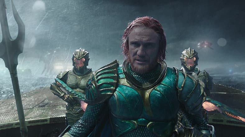 King Nereus (Dolph Lundgren) watches Aquaman battle Ocean Master in Aquaman (2018), Warner Bros