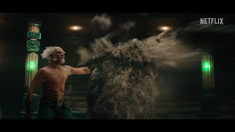 King Bumi (Utkarsh Ambudkar) shows off Earth-bending abilities in Avatar: The Last Airbender