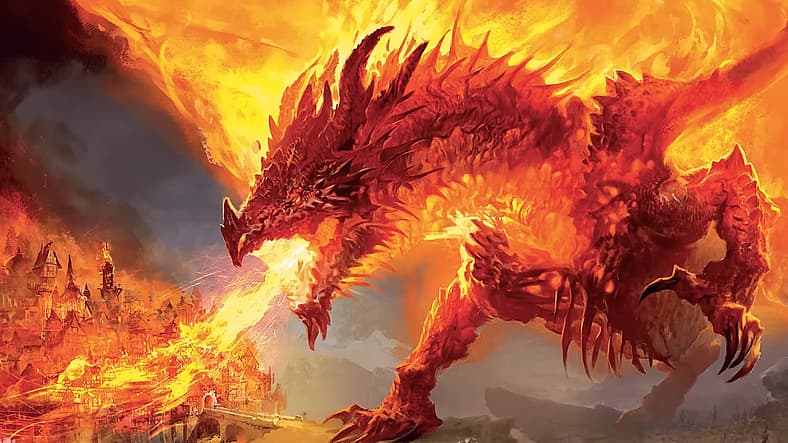 Dragon lights a village ablaze in The Practically Complete Guide to Dragons (2023), Wizards of the