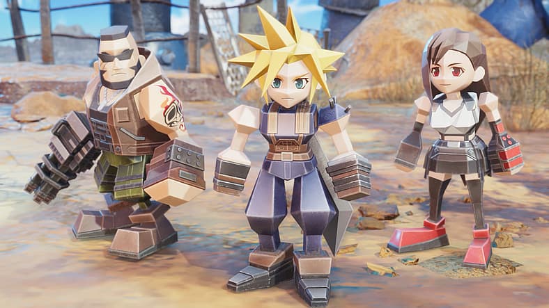 Barret (Masato Funaki), Cloud Strife (Takahiro Sakurai), and Tifa (Ayumi Ito) in Final Fantasy VII