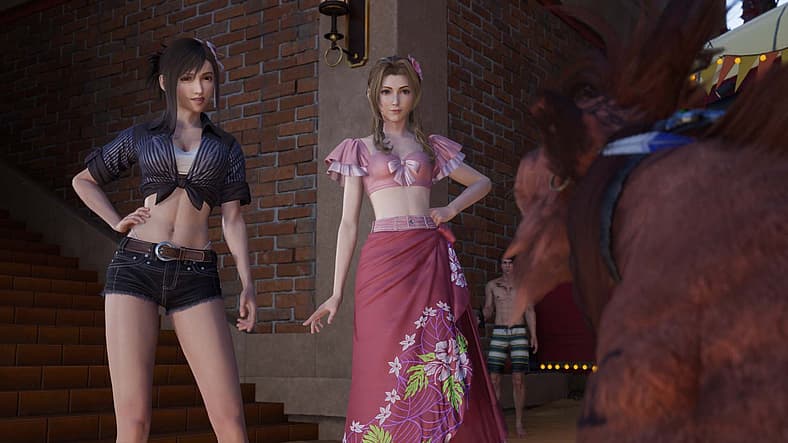 Tifa and Aerith show off beach clothes to Red XIII in Final Fantasy VII Rebirth (2024), Square Enix