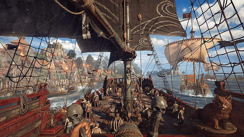 Player steers ship along coast with crew working in Skull and Bones (2024), Ubisoft
