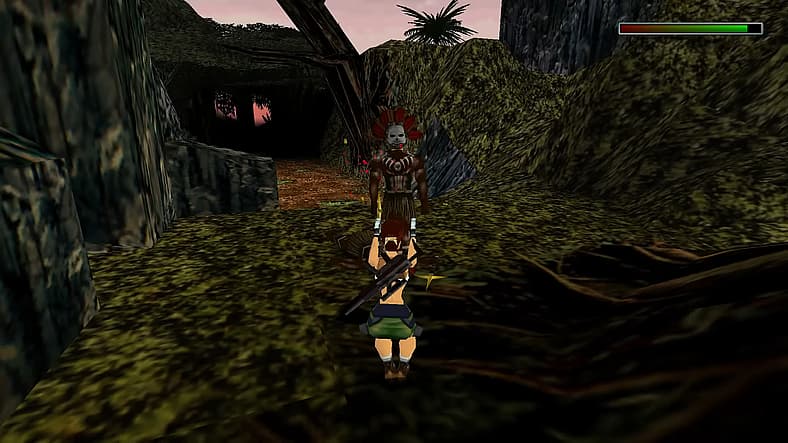 Lara Croft aims at Tribesman in Tomb Raider III: Adventures of Lara Croft (1998), Eidos Interactive