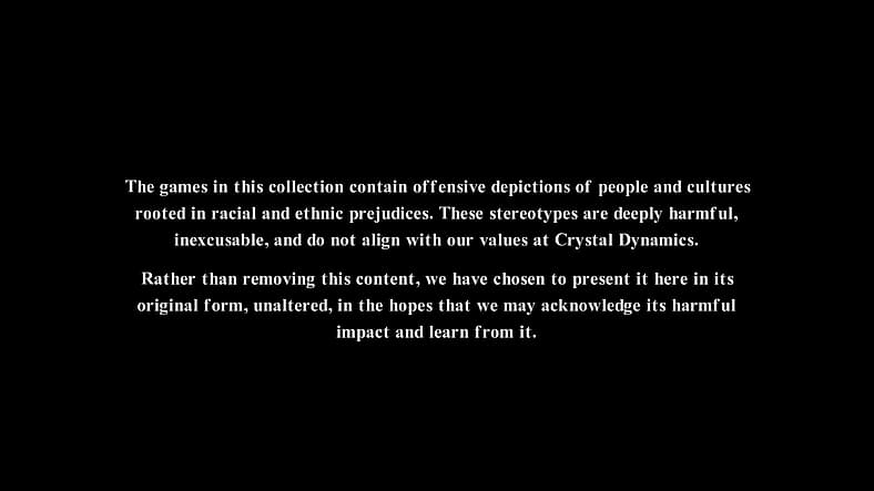 A content warning appears upon start-up in Tomb Raider I-III Remastered (2023), Crystal Dynamics
