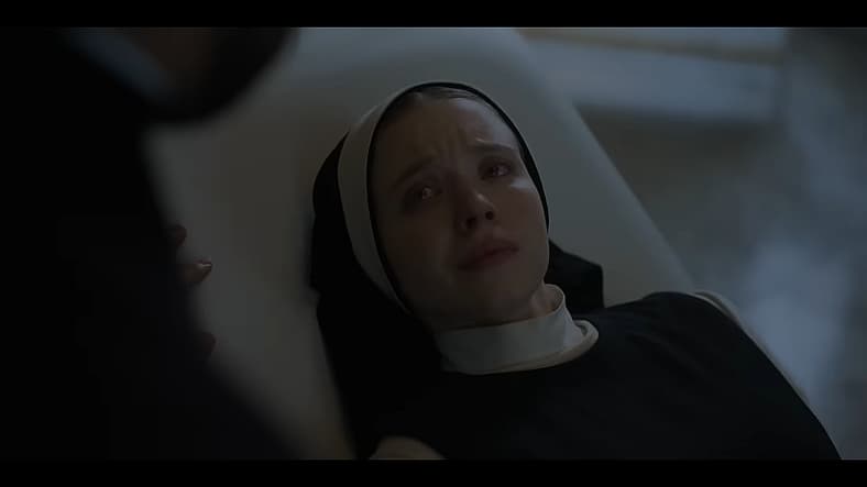 Álvaro Morte as Father Sal Tedeschi and Sydney Sweeney as Sister Cecilia in Immaculate (2024)