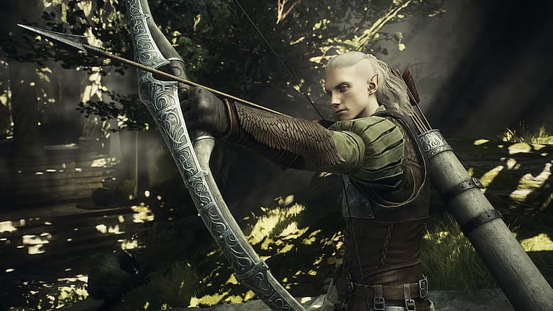 Glwynder draws his bow in Dragon's Dogma 2 (2024), Capcom