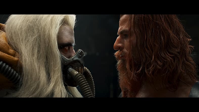 Immortan Joe (Hugh Keays-Byrne) and Dementus (Chris Hemsworth) declare war in Furiosa (2024)