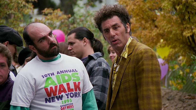 Kramer refuses to wear AIDS ribbon in Seinfeld Season 7 Episode 9 (1995), NBC