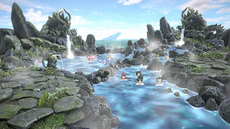 Nowa (Gakuto Kajiwara) and party relax at hotsprings in Eiyuden Chronicle: Hundred Heroes (2024)
