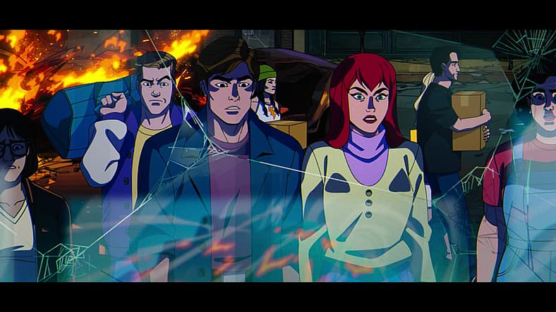 Flash Thompson and Peter Parker watch X-Men stop Asteroid M's fall in X-Men '97 Season 1 Episode 10