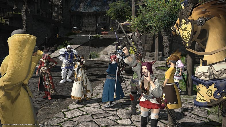 Numerous adventurers hang out in Mor Dhona in Final Fantasy XIV: A Realm Reborn (2013), Square Enix